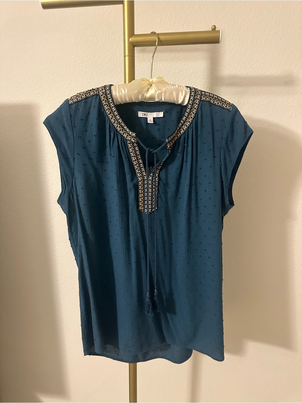 DR2 Teal Embroidered Tie-Front Cap Sleeve Blouse